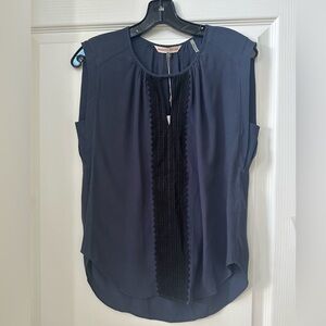 Rebecca Taylor Twilight blue sleeveless blouse with lace detail.